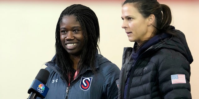 Erin Jackson and Brittany Bowe speak to the media during the 2022 US Olympic Trials - Long Track for the Beijing 2022 Olympic Winter Games at Pettit National Ice Center.