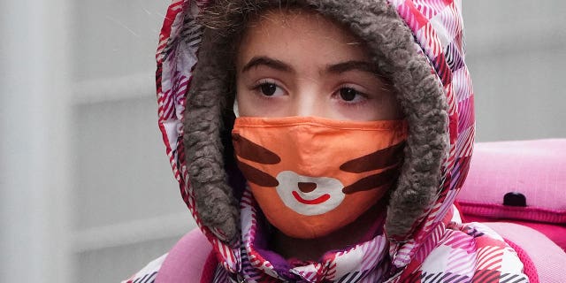 A child wearing a face mask arrives at school, during the coronavirus disease (COVID-19) pandemic, in the Manhattan borough of New York City, New York, U.S., January 5, 2022.