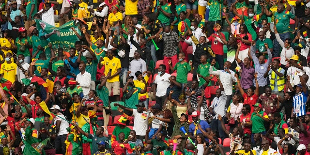 Fans reacts after Cameroon's captain Vincent Aboubakar, scored his team's first goal, during the African Cup of Nations 2022 group A soccer match between Cape Verde and Cameron at the Olembe stadium in Yaounde, Cameroon, Monday, Jan. 17, 2022. 