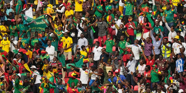 Fans reacts after Cameroon's captain Vincent Aboubakar, scored his team's first goal, during the African Cup of Nations 2022 group A soccer match between Cape Verde and Cameron at the Olembe stadium in Yaounde, Cameroon, Monday, Jan. 17, 2022. 