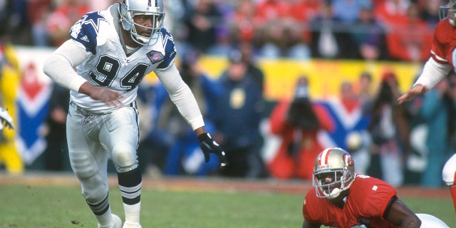 Charles Haley (94) of the Dallas Cowboys in action against the San Francisco 49ers during the NFC Conference Championship game Jan. 15, 1995, at Candlestick Park in San Francisco.
