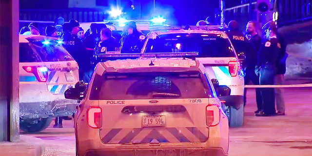 Chicago police cars with their lights on respond to a suspected carjacking and shooting