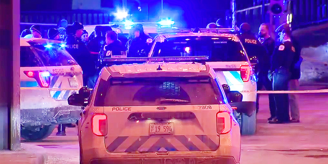 Chicago police cars with their lights on respond to a suspected carjacking and shooting