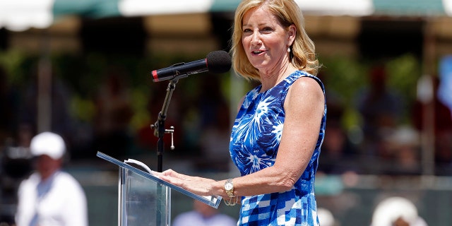 Chris Evert speaks during the induction ceremony at the International Tennis Hall of Fame in Newport, R.I., Saterdag, Julie 12, 2014.