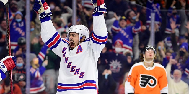 New York Rangers' Chris Kreider celebrates after scoring a goal during the third period of an NHL hockey game against the Philadelphia Flyers, Saturday, Jan. 15, 2022, in Philadelphia. The Rangers won 3-2.