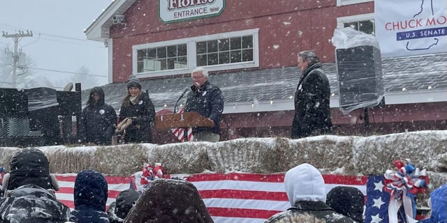 New Hampshire state Senate president Chuck Morse launches his U.S. Senate campaign at an event in front of his nursery and garden center in Atkinson, N.H., as a major nor'easter smashes into New England, on Jan. 29. 2022