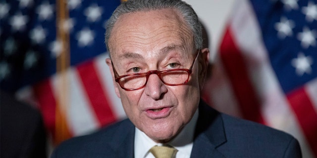 Senate Majority Leader Chuck Schumer, D-N.Y., responds to questions from reporters during a press conference on Tuesday, Jan. 18, 2022.