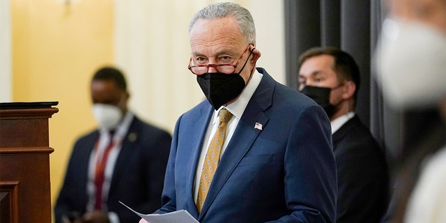 Senate Majority Leader Chuck Schumer is waiting to speak on January 6, 2022 during an event marking a year since the riots in the U.S. Capitol.