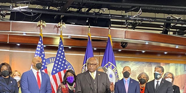House Majority Whip James Clyburn speaks at a Congressional Black Caucus press conference about elections legislation. (Tyler Olson/Fox News)