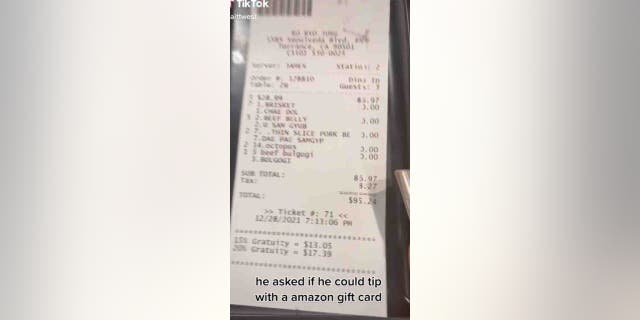Lombera told Fox News the waiter laughed, so her older sister decided to tip her on her card, rather than the Amazon card.