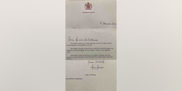 After friends and family encouraged Sutherland to share the adorable photos with Queen Elizabeth, Sutherland told Fox that she wrote a letter to the Queen with the pictures enclosed, "on a whim." The family received a letter back from Windsor Castle in December.