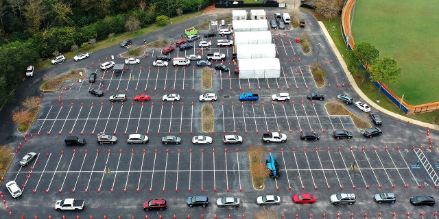 FILE: Cars line up at a COVID-19 testing site at the South Orange Youth Sports Complex in Orlando. Due to the extreme demand for testing as a result of the spread of the omicron variant, the county opened this site in addition to two other existing sites which have reached capacity on a daily basis, forcing them to close early. (Photo by Paul Hennessy/SOPA Images/LightRocket via Getty Images)