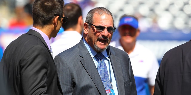 New York Giants general manager Dave Gettleman on the field prior to the National Football League game between the New York Giants and Buffalo Bills on September 15, 2019 at MetLife Stadium in East Rutherford, NJ. 