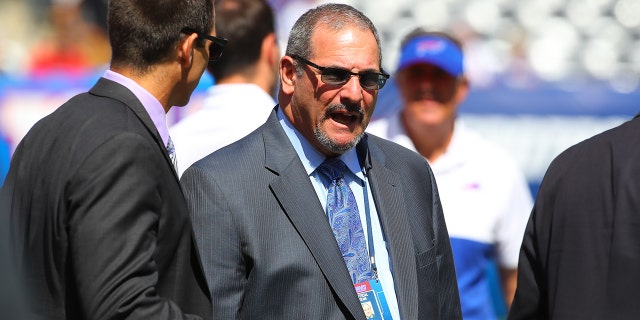 New York Giants general manager Dave Gettleman on the field prior to the National Football League game between the New York Giants and Buffalo Bills on September 15, 2019 at MetLife Stadium in East Rutherford, NJ.