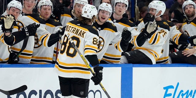 Boston Bruins right wing David Pastrnak (88) celebrates with the bench after his goal against the Tampa Bay Lightning during the first period of an NHL hockey game Saturday, 1月. 8, 2022, タンパで, フラ.
