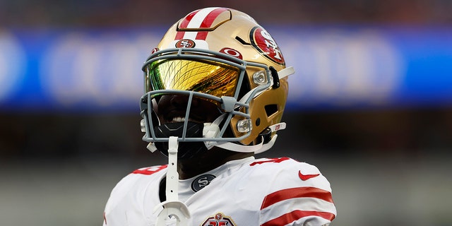 Deebo Samuel #19 of the San Francisco 49ers looks on during warm ups before the NFC Championship Game against the Los Angeles Rams at SoFi Stadium on January 30, 2022 in Inglewood, California.