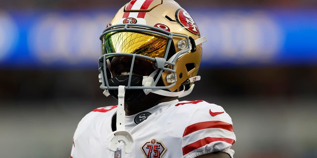 Deebo Samuel #19 of the San Francisco 49ers looks on during warm ups before the NFC Championship Game against the Los Angeles Rams at SoFi Stadium on January 30, 2022 in Inglewood, California.