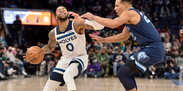 Minnesota Timberwolves guard D'Angelo Russell (0) handles the ball against Memphis Grizzlies guard Desmond Bane (22) in the second half of an NBA basketball game Thursday, Jan. 13, 2022, in Memphis, Tenn.