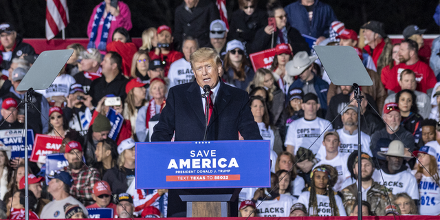 Former President Donald speaks to a crowd a rally at the Montgomery County Fairgrounds on Saturday, Jan. 29, 2022 in Conroe, TX.  