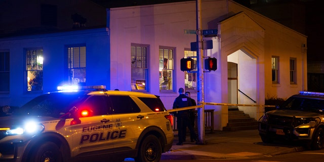 Eugene Police secure the scene of a shooting outside the WOW Hall in Eugene Friday night.