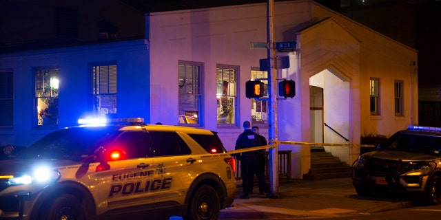 Eugene Police secure the scene of a shooting outside the WOW Hall in Eugene Friday night.