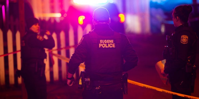 Eugene Police secure the scene of a shooting outside the WOW Hall in Eugene, Oregon, on Friday night