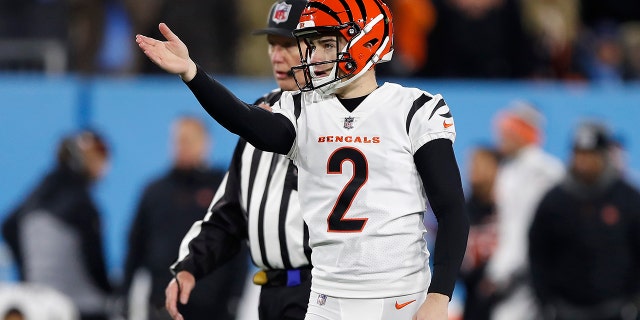 Kicker Evan McPherson of the Cincinnati Bengals lines up his game-winning kick against the Tennessee Titans on Jan. 22, 2022, in Nashville.