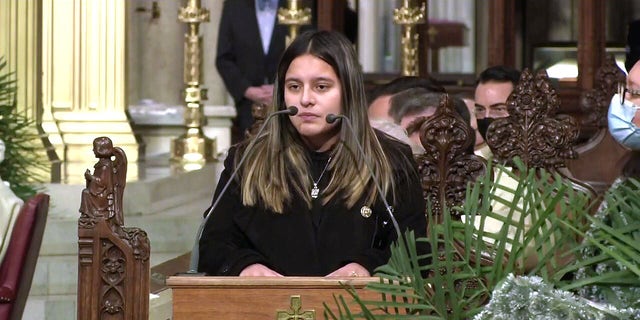 Dominique Luzuriaga, widow of fallen NYPD Det. Jason Rivera, delivers her eulogy on Friday, Jan. 28, 2022, at St. Patrick's Cathedral in midtown Manhattan. When she learned that two police officers in Harlem had been shot last week, she said she texted her husband immediately and asked him, "Are you okay?" She never received a response.  