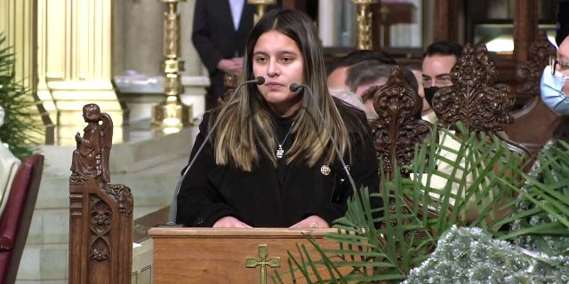 Dominique Luzuriaga, widow of fallen NYPD Det. Jason Rivera, delivers her eulogy on Friday, Jan. 28, 2022, at St. Patrick's Cathedral in midtown Manhattan. When she learned that two police officers in Harlem had been shot last week, she said she texted her husband immediately and asked him, "Are you okay?" She never received a response.