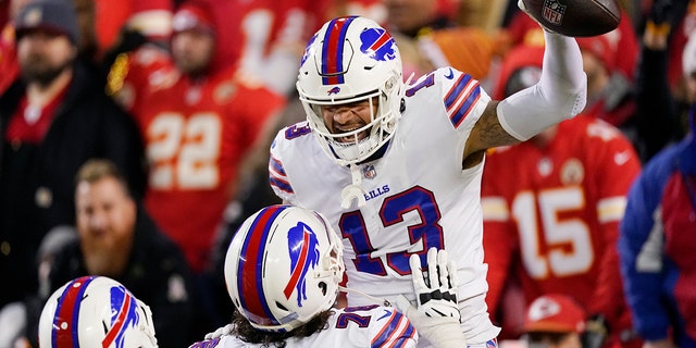 Buffalo Bills wide receiver Gabriel Davis celebrates with teammate Jon Feliciano during playoff football game against the Kansas City Chiefs, Sunday, Jan. 23, 2022, in Kansas City, Missouri.