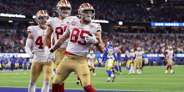 The San Francisco 49ers' George Kittle reacts after catching a touchdown pass during the second half of the NFC Championship against the Los Angeles Rams Jan. 30, 2022, in Inglewood, Calif.