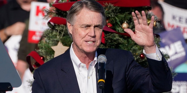 FILE - Sen. David Perdue, R-Ga., speaks during a "Save the Majority" rally in Augusta, Ga. on Dec. 10, 2020.