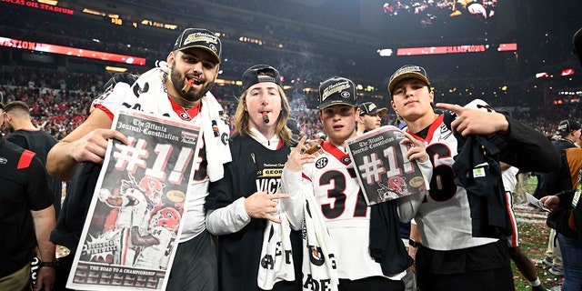 Jan 10, 2022; Indianapolis, IN, USA; Georgia Bulldogs players after defeating the Alabama Crimson Tide during the 2022 CFP college football national championship game at Lucas Oil Stadium.