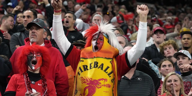 Georgia Bulldogs fans celebrate during the fourth quarter of the 2022 CFP college football national championship game against the Alabama Crimson Tide at Lucas Oil Stadium.