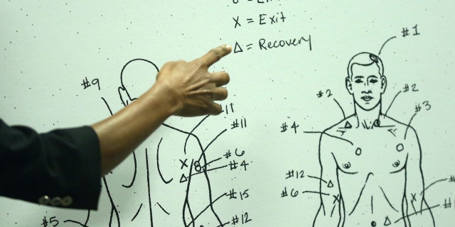 Cook County Medical Examiner Dr. Ponni Arunkumar describes details of a diagram of bullet entry and exit wounds found on the body of Laquan McDonald. (John J. Kim/Chicago Tribune/TNS)