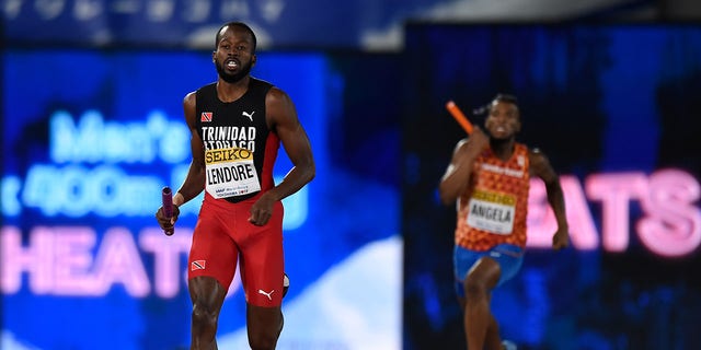 Deon Lendore of Trinidad and Tobago competes during round one of the Men's 4x400m relay on day one of the IAAF World Relays at Nissan Stadium May 11, 2019, in Yokohama, Kanagawa, Japan.