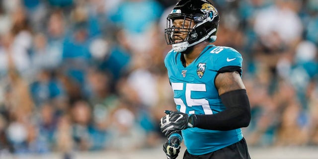 Lerentee McCray #55 of the Jacksonville Jaguars looks on during a game against the Tennessee Titans at TIAA Bank Field on September 19, 2019 in Jacksonville, Florida.