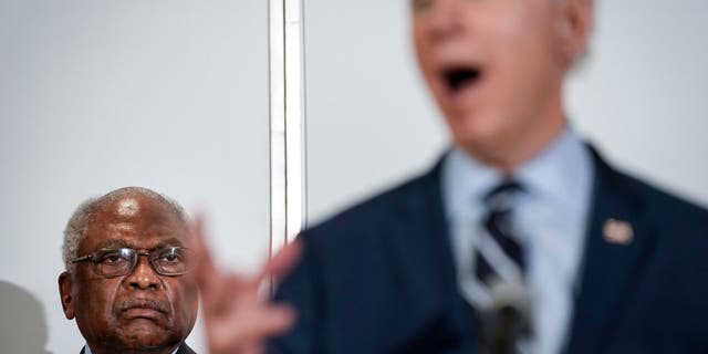 Rep. and House Majority Whip James Clyburn, D-S.C., looks on as President Biden speaks after Clyburn announced his endorsement for Biden at Trident Technical College Feb. 26, 2020, in North Charleston, South Carolina. 