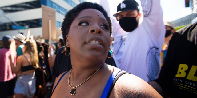 Patrisse Cullors is one of the three co-founders of the Black Lives Matter movement. She participated in the peaceful march in Hollywood, CA today Sunday, June 7, 2020. (Francine Orr/ Los Angeles Times via Getty Images)