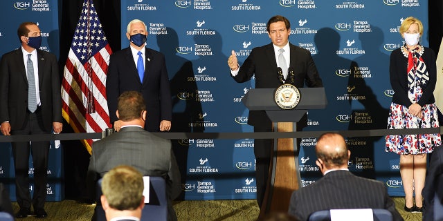 Ron DeSantis, Florida Gov., Vice President Mike Pence, on the second left, Tam, Florida, listens at a July 2, 2020, press conference.