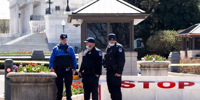 Members of the US Capitol Police, on April 3, 2021, pause to pay their respects at the US Capitol location where fellow officer, William Evans, was killed in an attack, in Washington, D.C. (Photo by SAUL LOEB / AFP)
