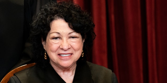 Associate Justice Sonia Sotomayor sits during a group photo of the Justices at the Supreme Court in Washington, DC on April 23, 2021. 