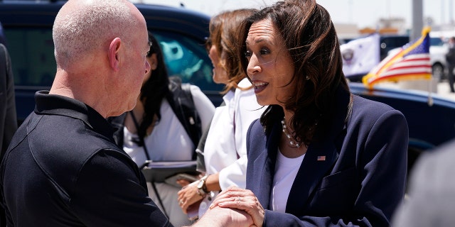 U.S. Vice President Kamala Harris speaks with Alejandro Mayorkas, secretary of the U.S. Department of Homeland Security, before boarding Air Force Two at the El Paso International Airport in El Paso, Texas, U.S., on Friday, June 25, 2021.  Photographer: Yuri Gripas/Abaca/Bloomberg via Getty Images