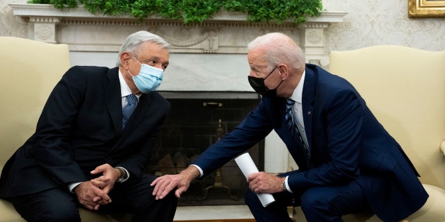 President Biden speaking with Andres Manuel Lopez Obrador, Mexico's president, at the White House in November 2021.