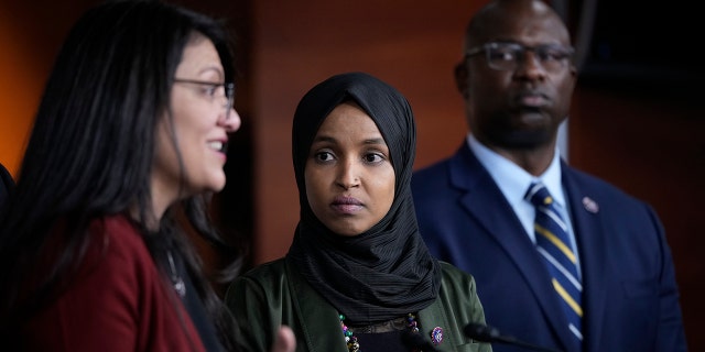 Reps. Rashida Tlaib, left, Ilhan Omar and Jamaal Bowman take questions during a news conference on Capitol Hill on Nov. 30, 2021. 