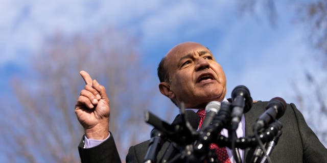 Rep. Lou Correa, D-Calif., speaks during a rally for immigration provisions to be included in the Build Back Better Act outside the U.S. Capitol on Dec. 7, 2021. (Drew Angerer/Getty Images)