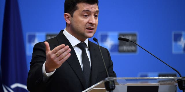 Ukrainian President Volodymyr Zelensky talks during a press conference with NATO Secretary General after their bilateral meeting at the European Union headquarters in Brussels on December 16, 2021.  (Photo by JOHN THYS/AFP via Getty Images)