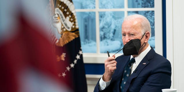 President Biden during a virtual meeting about reducing the costs of meat at the Eisenhower Executive Office Building on Jan. 3, 2022 in Washington, D.C. 