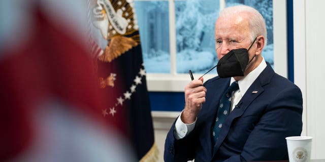 President Biden during a virtual meeting about reducing the costs of meat at the Eisenhower Executive Office Building on Jan. 3, 2022 in Washington, D.C. 