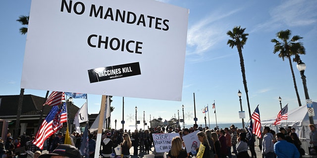 People demonstrate against COVID-19 vaccine mandates for students in Huntington Beach, California, on Jan. 3, 2022. 